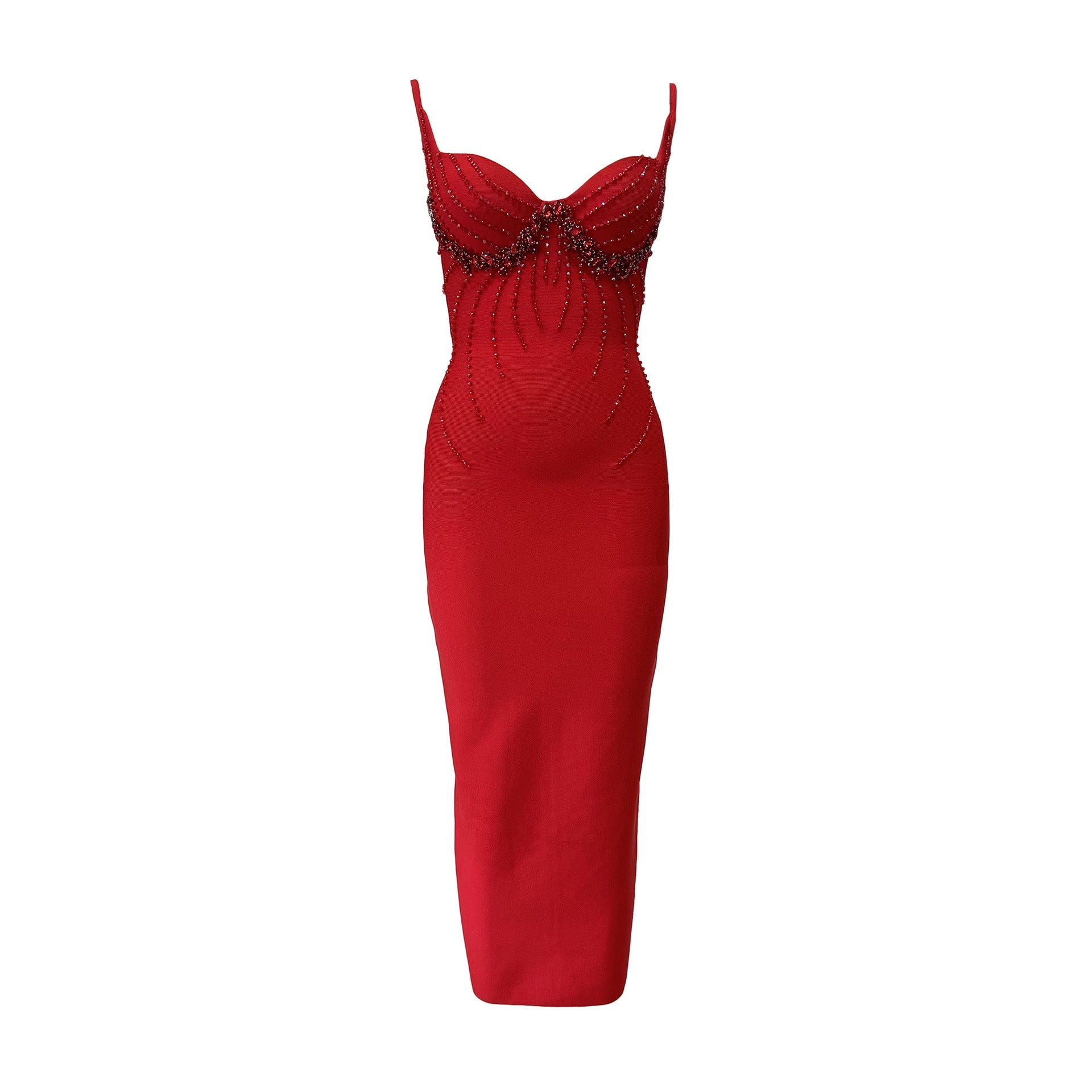 Sweetheart Spaghetti Strap Rhinestone Beaded Bodice Bandage Midi Dress