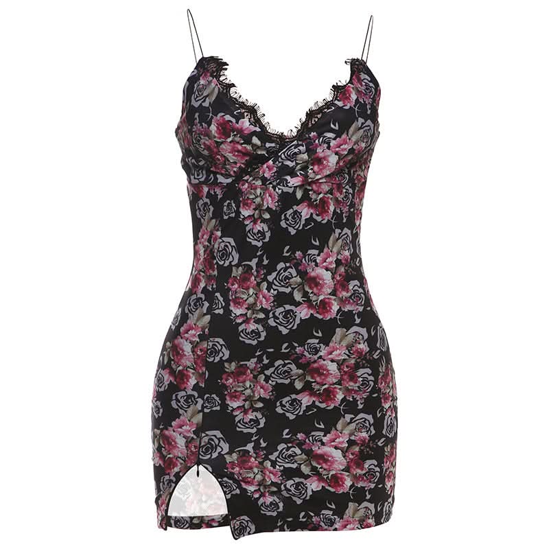 V neck lace flower print cami mini dress