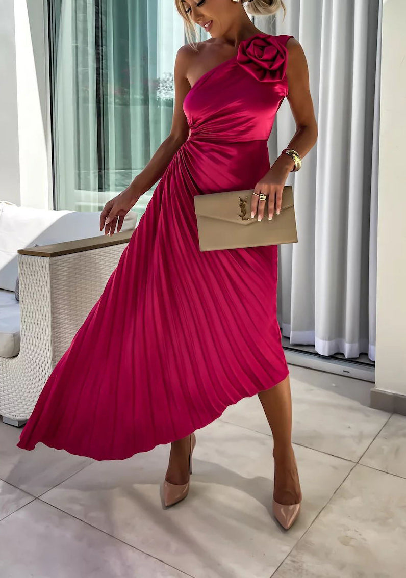 Romantic Nights Satin Raised Flower Elastic Cutout One Shoulder Pleated Maxi Dress