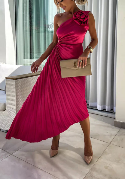 Romantic Nights Satin Raised Flower Elastic Cutout One Shoulder Pleated Maxi Dress