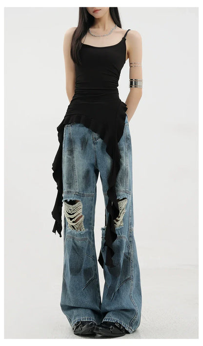 Vintage Distressed And Dirt-Dyed Patchwork Wide-Leg Jeans