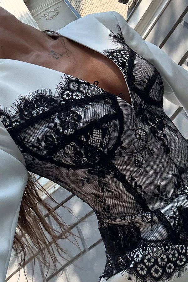 Saela Contrast Lace Corset Design V-neck Long Sleeve Tulip Mini Dress