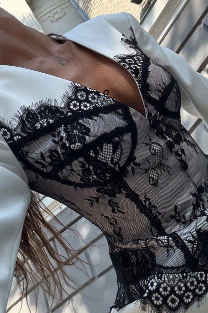 Saela Contrast Lace Corset Design V-neck Long Sleeve Tulip Mini Dress