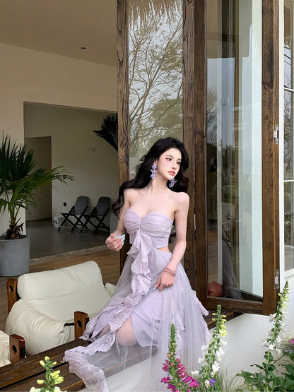 Women's Strapless Purple Tulle Maxi Dress Summer Beach Vacation Outfit