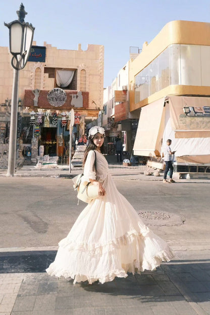 Tailande Linen Maxi Dress V-Neck Ruffle Goddess Gown with 10-Meter Full Hem