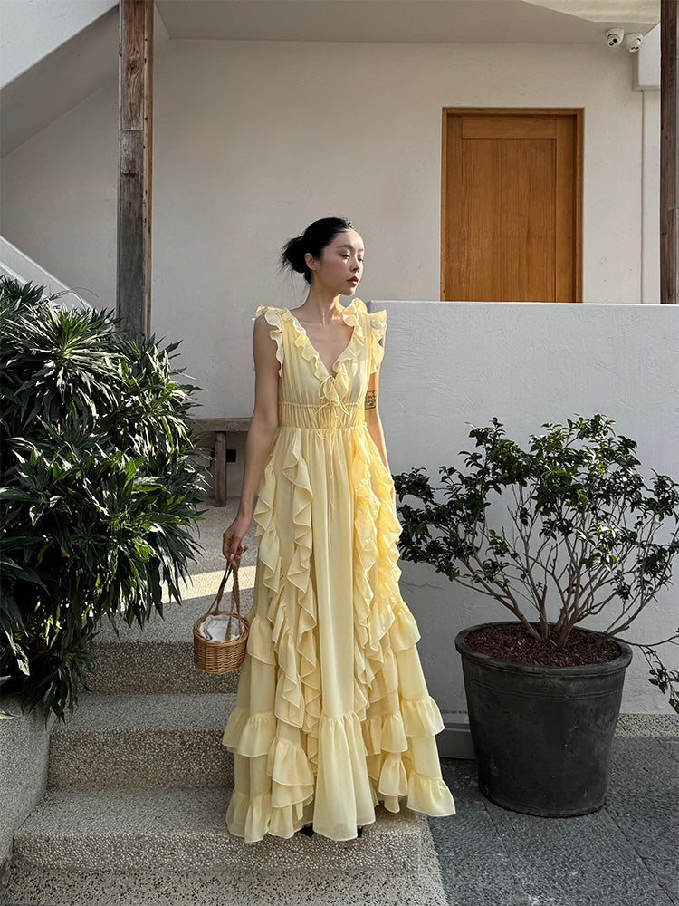 Sunset Ruffle Asymmetrical Maxi Dress Romantic Flowy Vacation Look gunne sax vintage dress