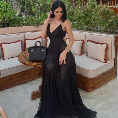 Ring Strap Deep V Neck Pleated Backless Maxi Dress