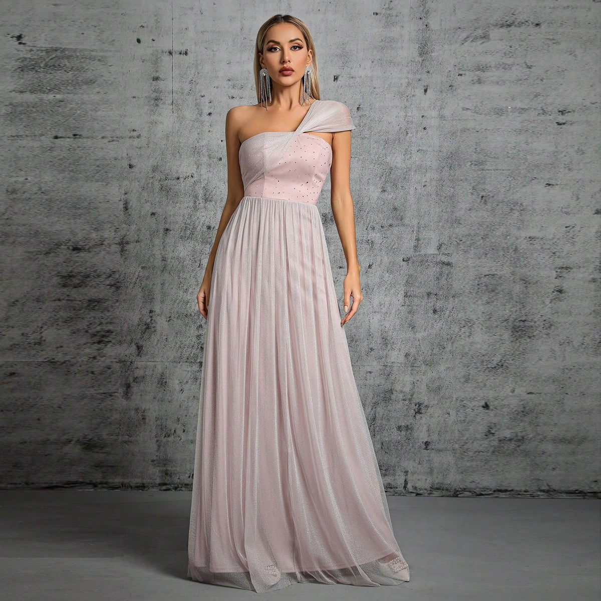 One Shoulder Rhinestone Embellished Bodice Pleated Shimmer Tulle Overlay Maxi Gown