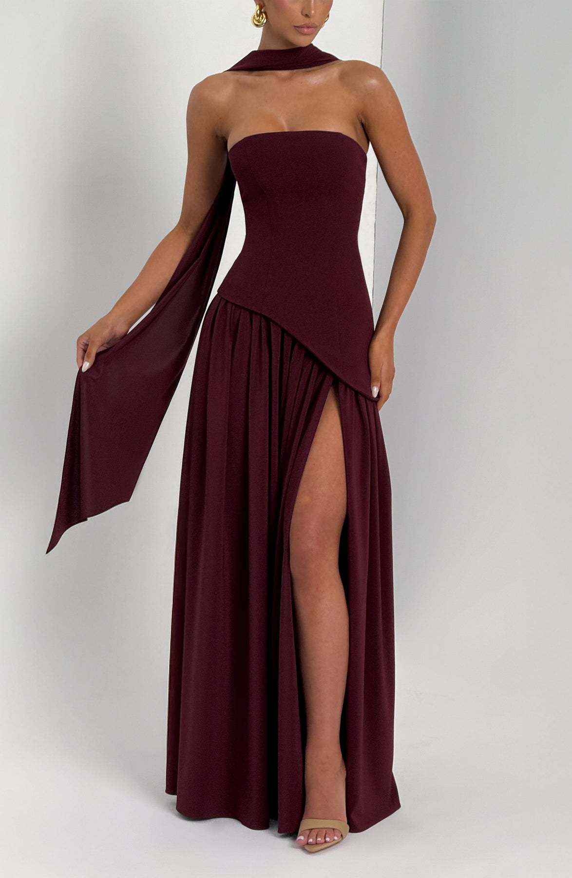 consonak Strapless Back Lace-up High Slit Splice Maxi Dress