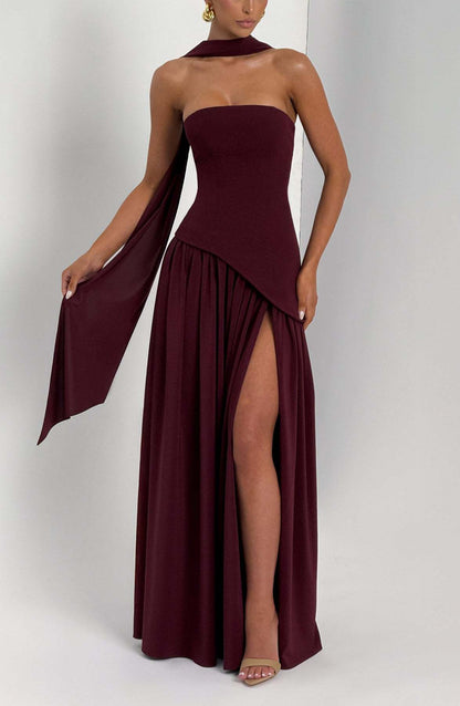 consonak Strapless Back Lace-up High Slit Splice Maxi Dress