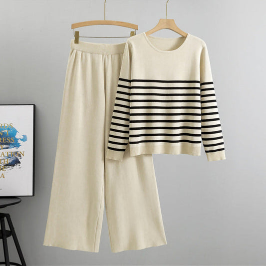 Apricot - Trendy Striped Knitted Two Piece Set