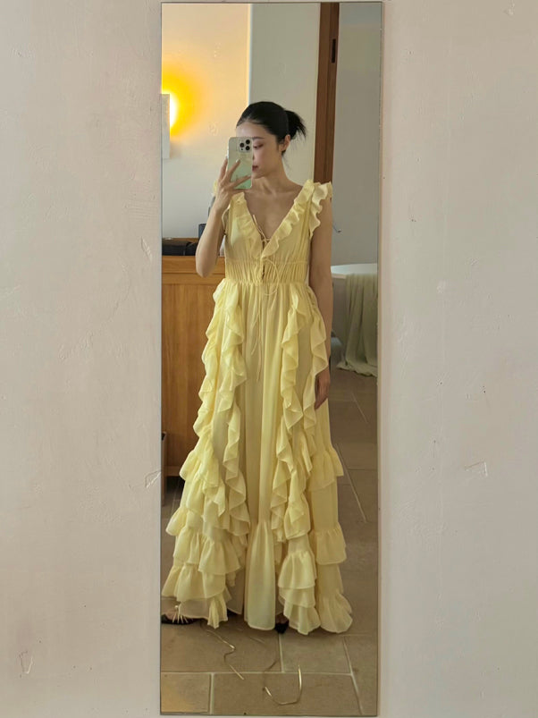 Sunset Ruffle Asymmetrical Maxi Dress Romantic Flowy Vacation Look gunne sax vintage dress