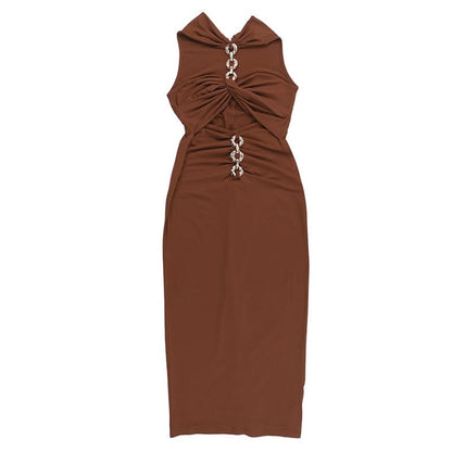 Halter hollow out o ring ruched cut out maxi dress