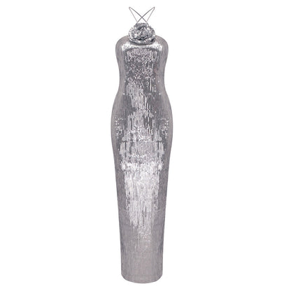 Halter Rosette Sequin Column Maxi Gown