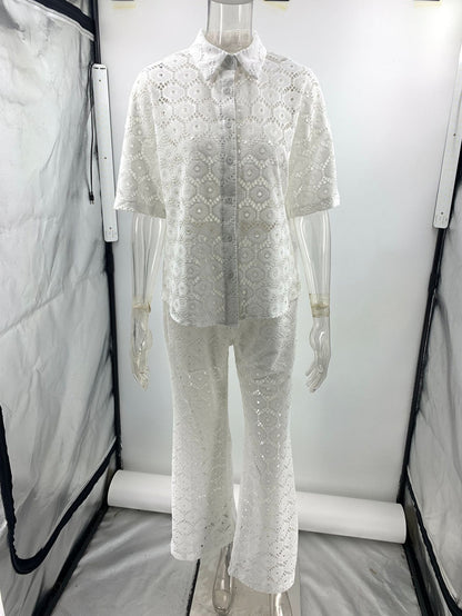 Holiday Crochet Flowers Lace Short Sleeve Shirt and Elastic Waist Wide Leg Pants Set