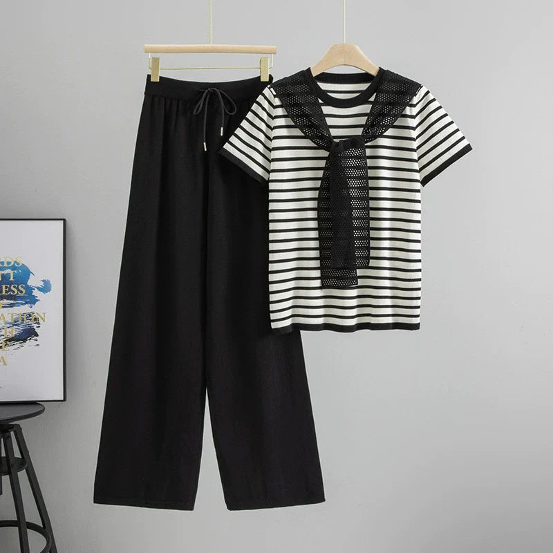 Black – Drawstring Short-Sleeve Striped Two-Piece Set