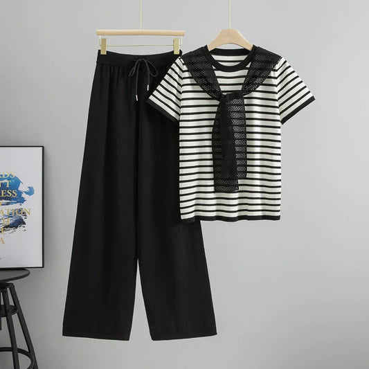 Black – Drawstring Short-Sleeve Striped Two-Piece Set