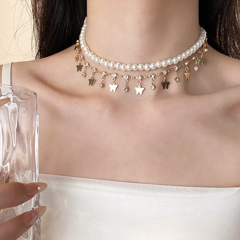 Faux pearl layered tassels choker necklace