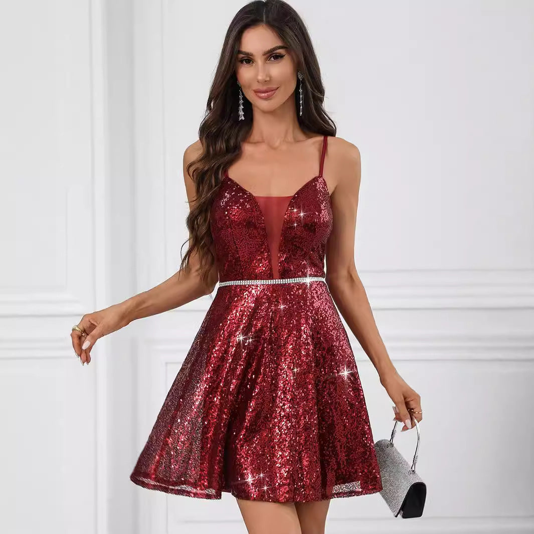 Sequin Spaghetti Strap Mesh Insert Rhinestone Belt A-Line Mini Dress