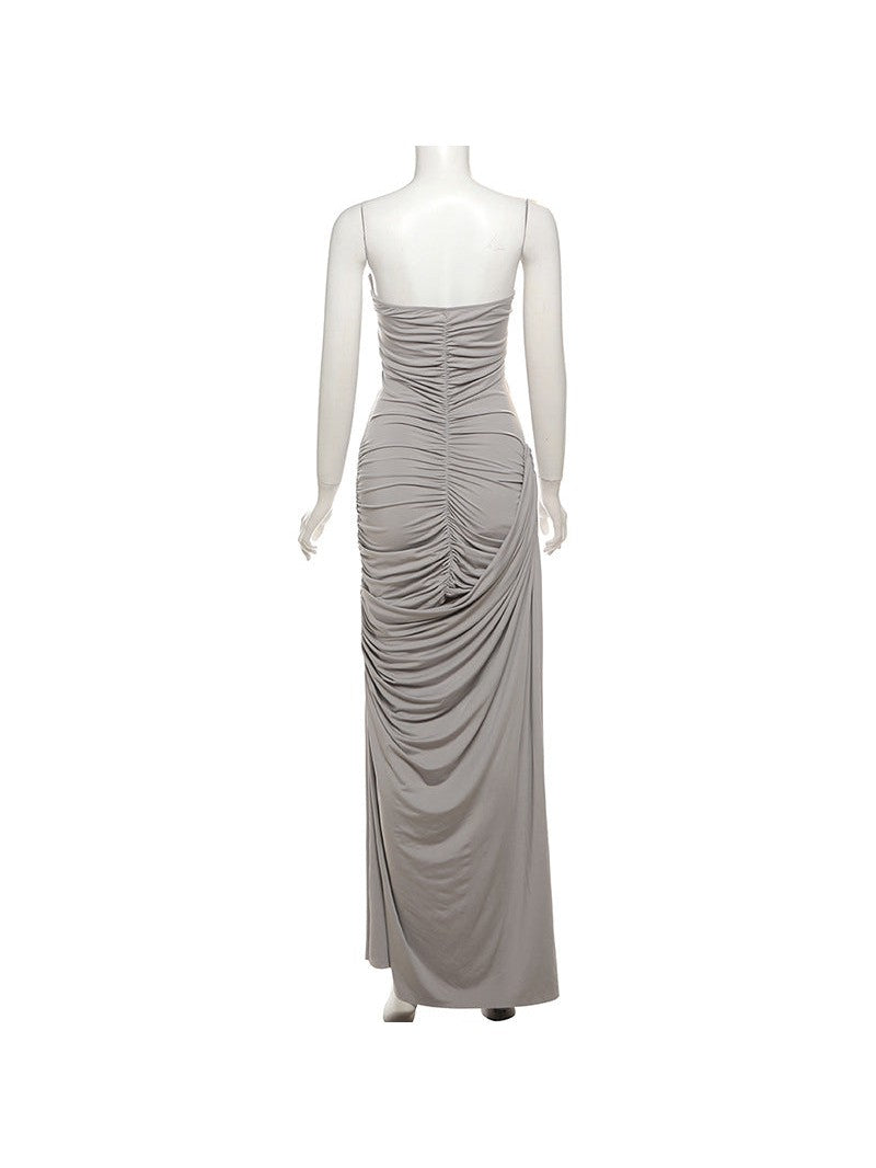 Deep Neck Tube Top Backless Pleating Formal Dress