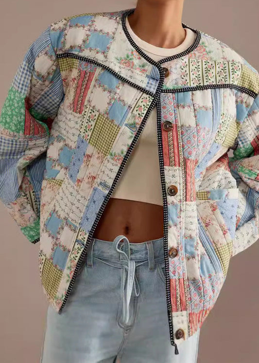 Meadow Patchwork - Cotton Quilted Jacket with Round Neck