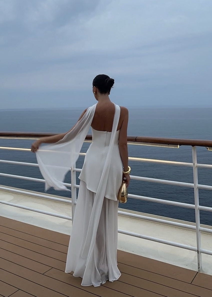 Seraphina – Strapless Chiffon Panel Gown with Asymmetrical Drape