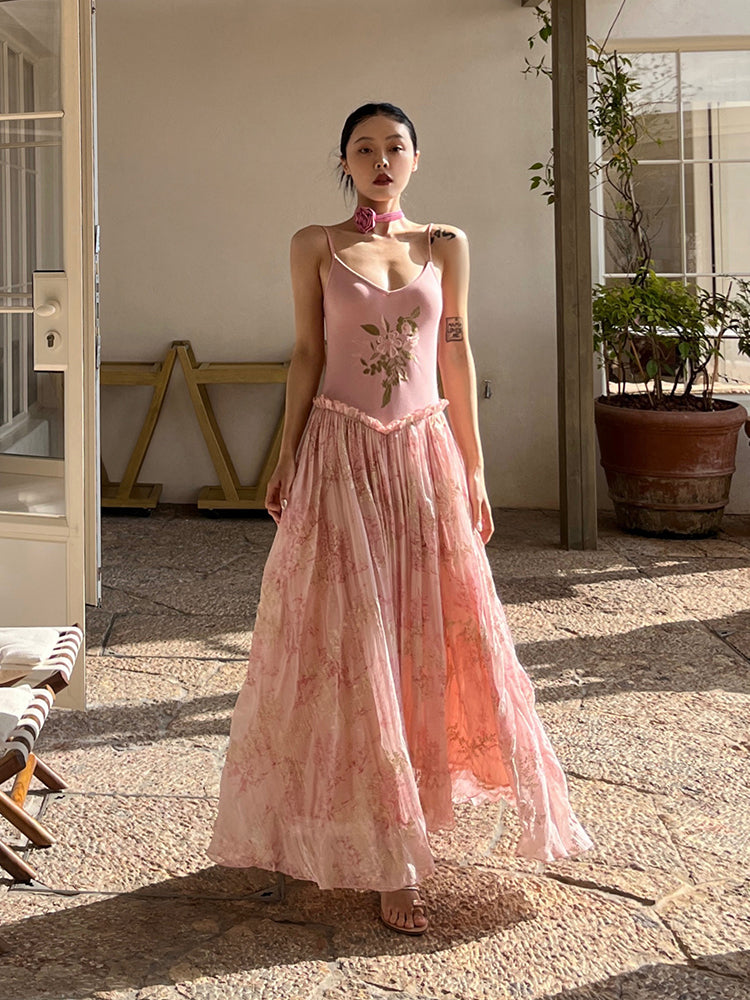 Rosé Gold Fantasy Rococo-Inspired Dress Embroidered Pleated Maxi Gown gunne sax vintage dress