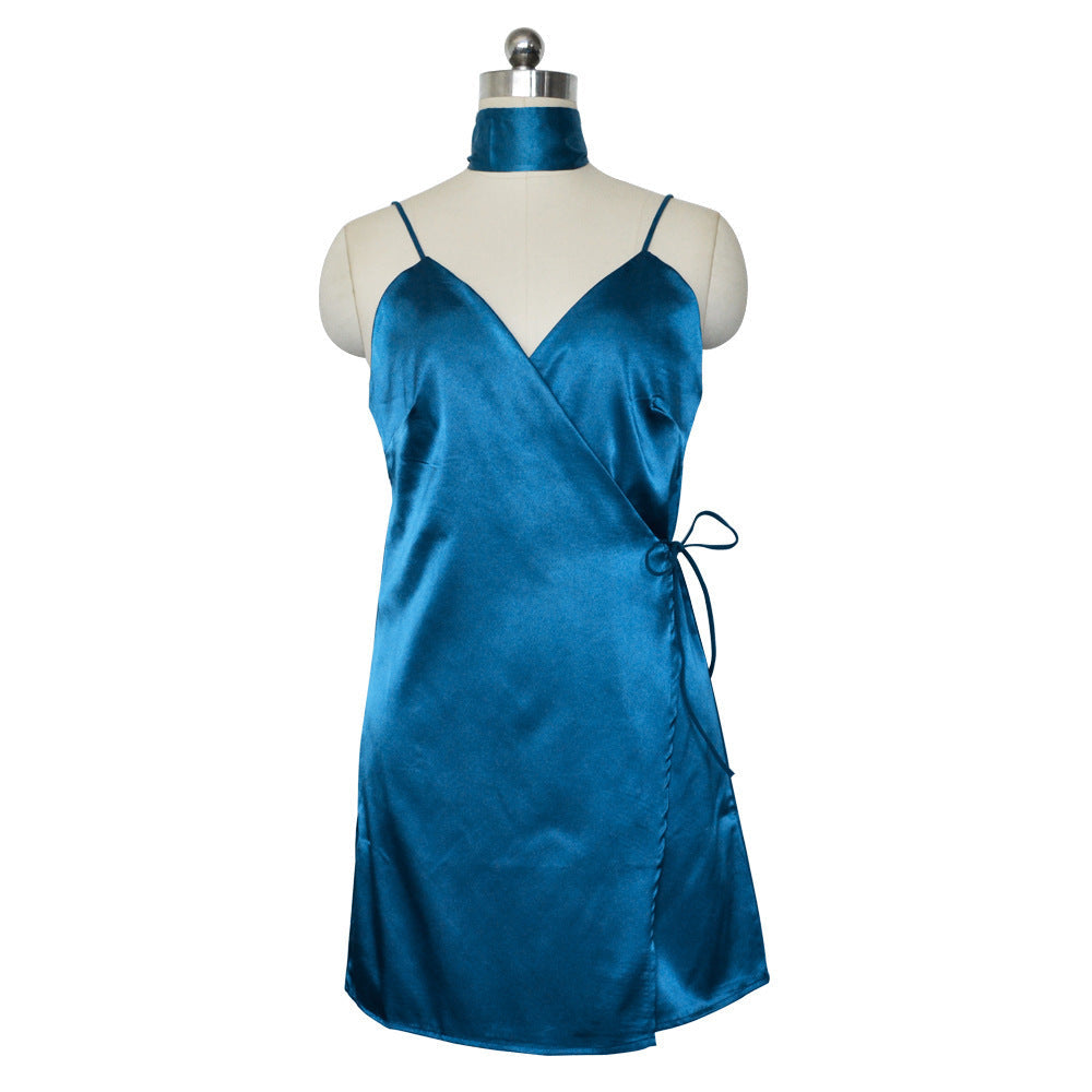 Deep V Halter Tie Back Satin Shift Mini Dress
