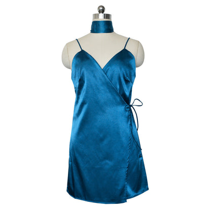 Deep V Halter Tie Back Satin Shift Mini Dress