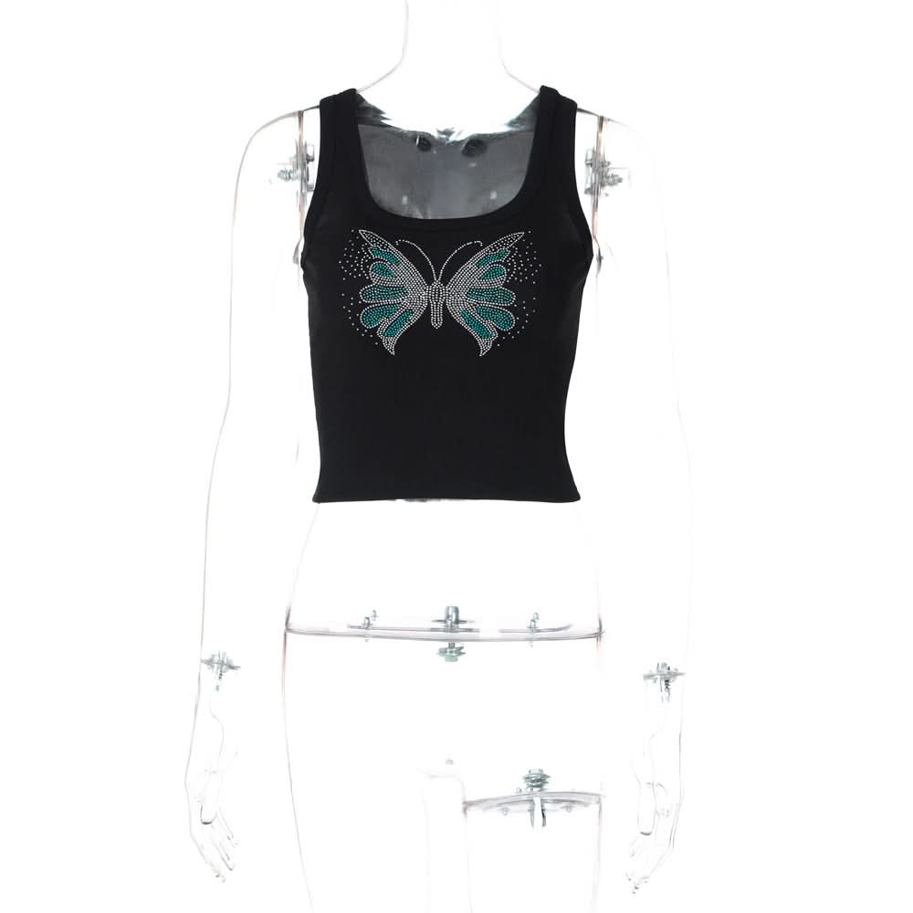 Beaded butterfly pattern u neck ribbed top