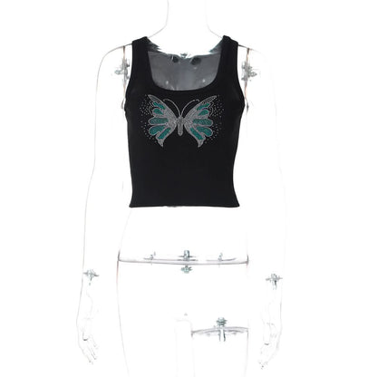 Beaded butterfly pattern u neck ribbed top