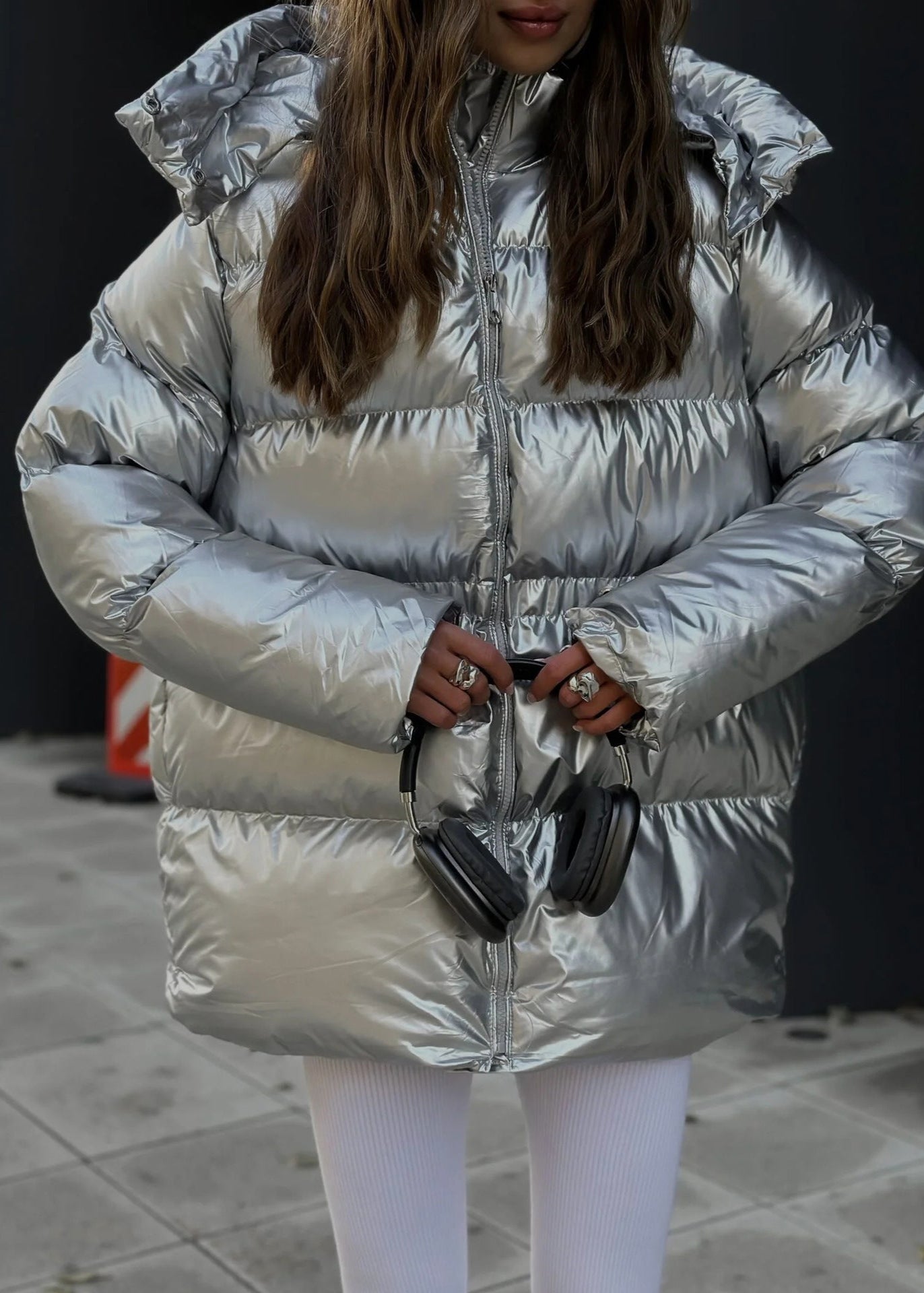 Metallic Silver Oversized Puffer Jacket
