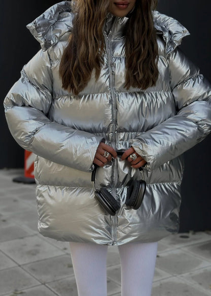 Metallic Silver Oversized Puffer Jacket