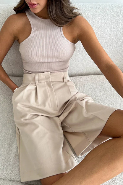 High Waist Pleated Bermuda Shorts