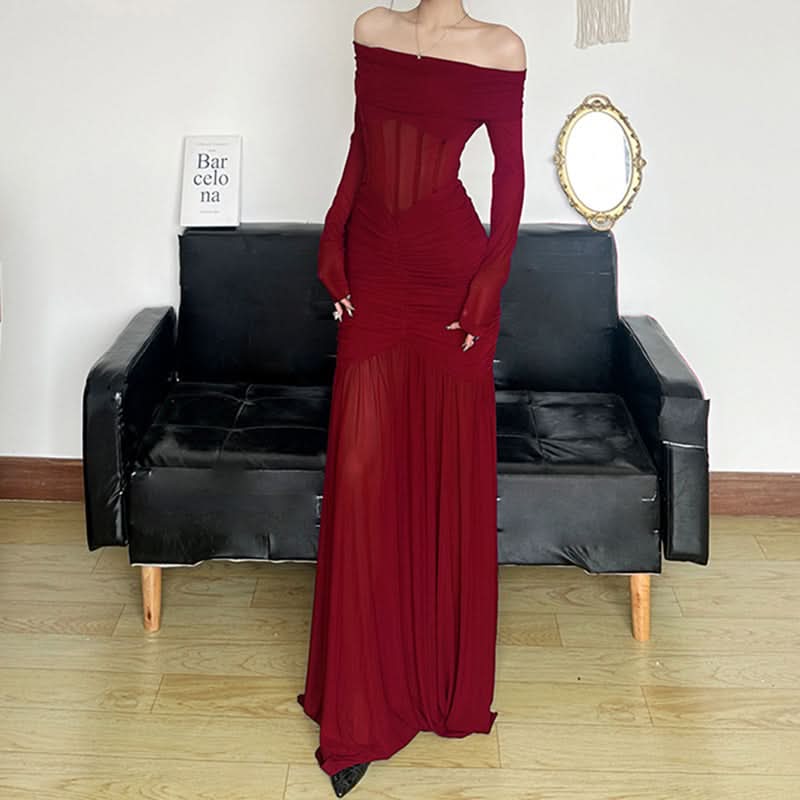 Long sleeve off shoulder mesh corset maxi dress
