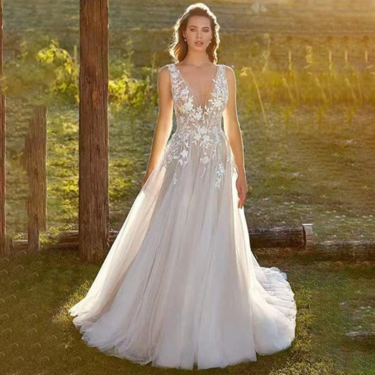 Backless Beach Sheer Tulle Wedding Dress