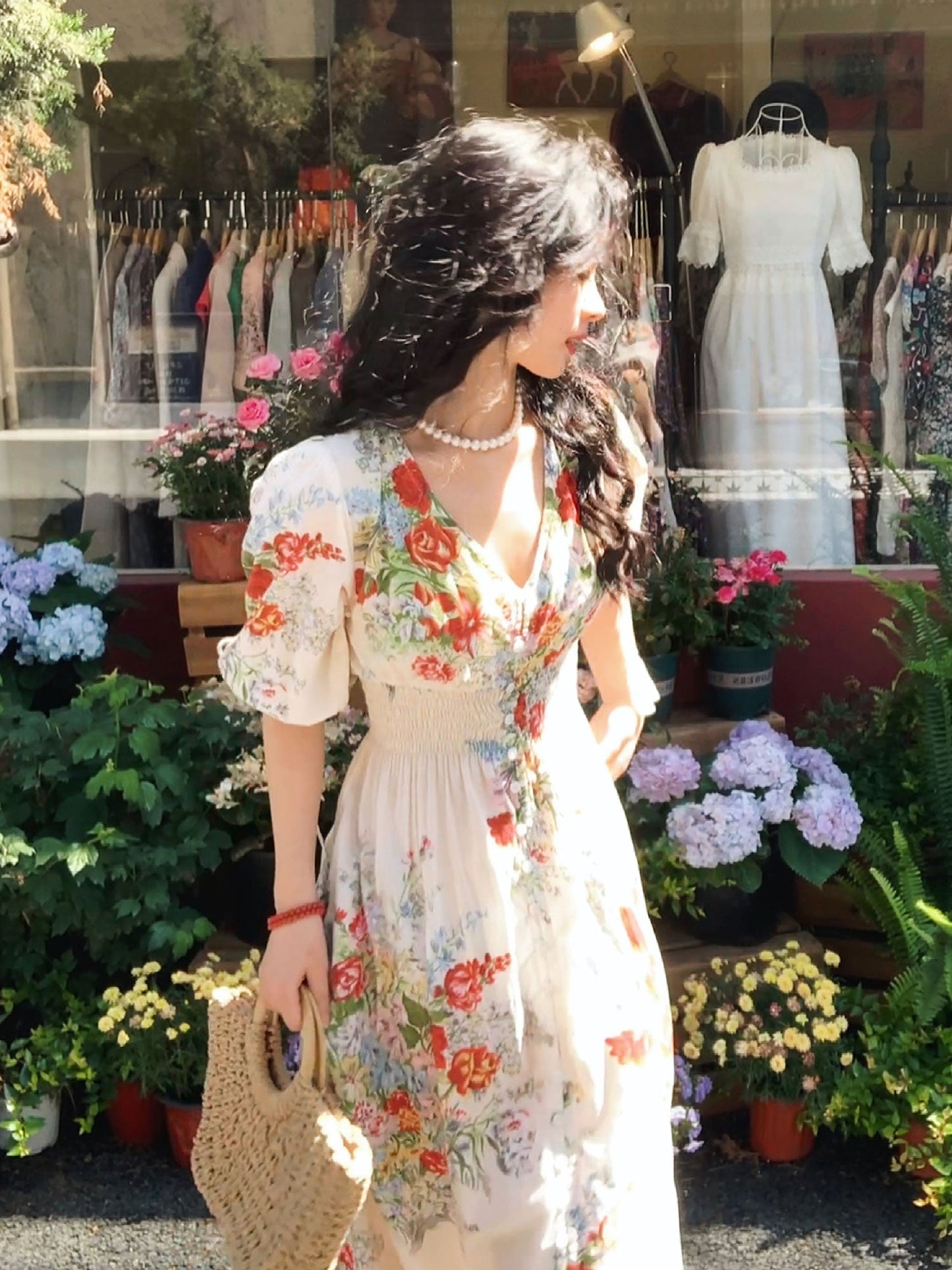 Summer Meadow Vintage Puff Sleeve Dress French Floral Maxi Gown