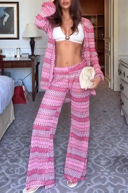 Beach Style Knit Unique Print Long Sleeve Kimono Shirt and Stretch Wide Leg Pants Set