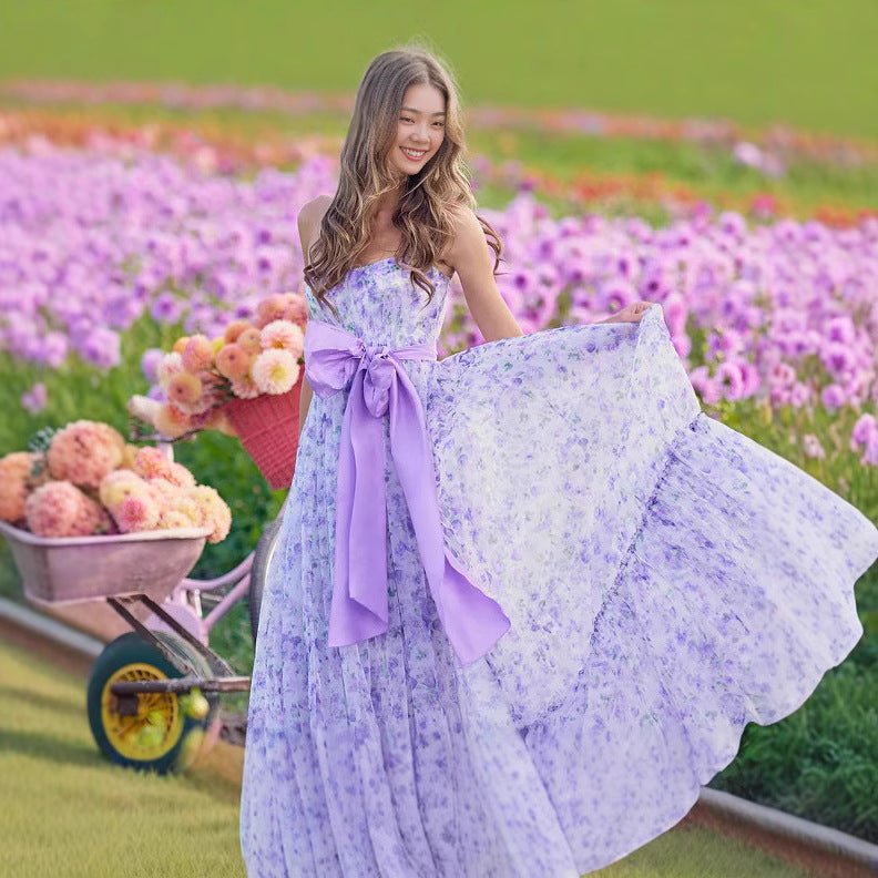 Floral Ruffle V-Neck High Hem Prom Dress