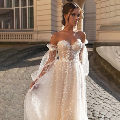 French Strapless Sheer Tulle Wedding Dress