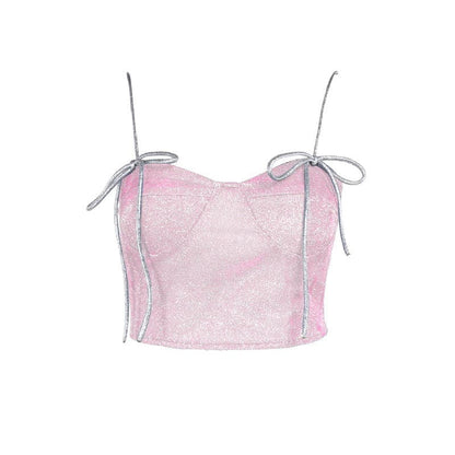 Sweetheart neck glitter stitch backless cami top