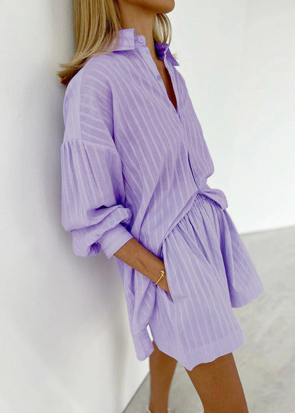 Lilac Drift - Striped Cotton Shirt and Shorts Set