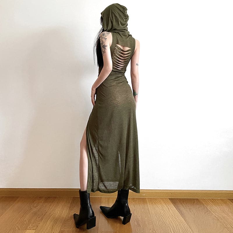 Cowl Neck Tie Waist Double Slit Sleeveless Maxi Dress