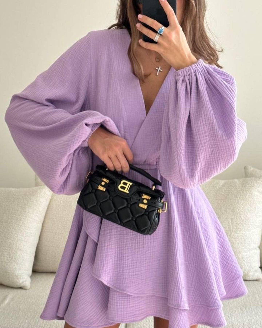 Wrap V-Neck Balloon Sleeve Tiered Ruffle Crinkle Mini Dress