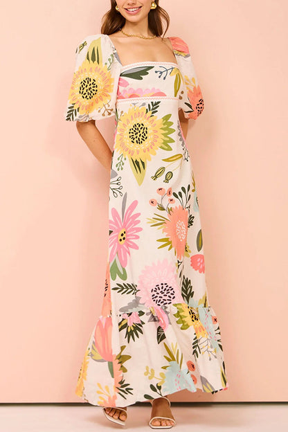 Embrace The Glamour Linen Blend Unique Print Puff Sleeve Pocketed Maxi Dress