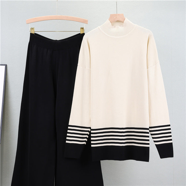 Black - Striped Half-Turtleneck Sweater Two Piece Set