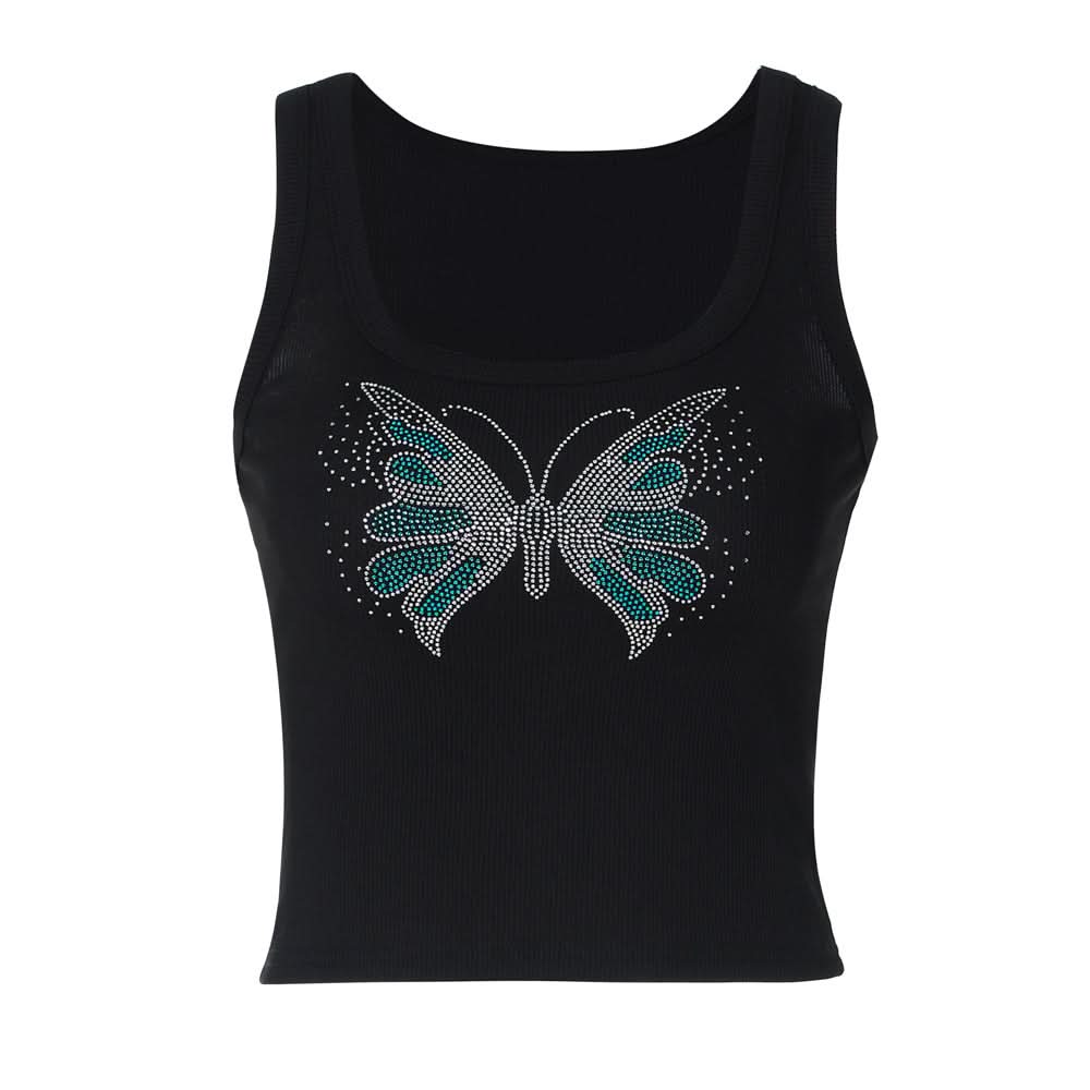 Beaded butterfly pattern u neck ribbed top