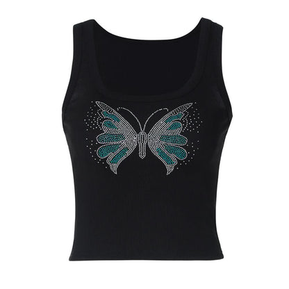 Beaded butterfly pattern u neck ribbed top