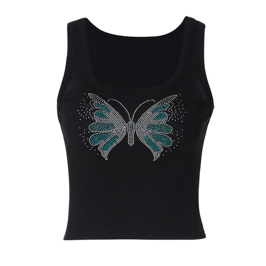 Beaded butterfly pattern u neck ribbed top