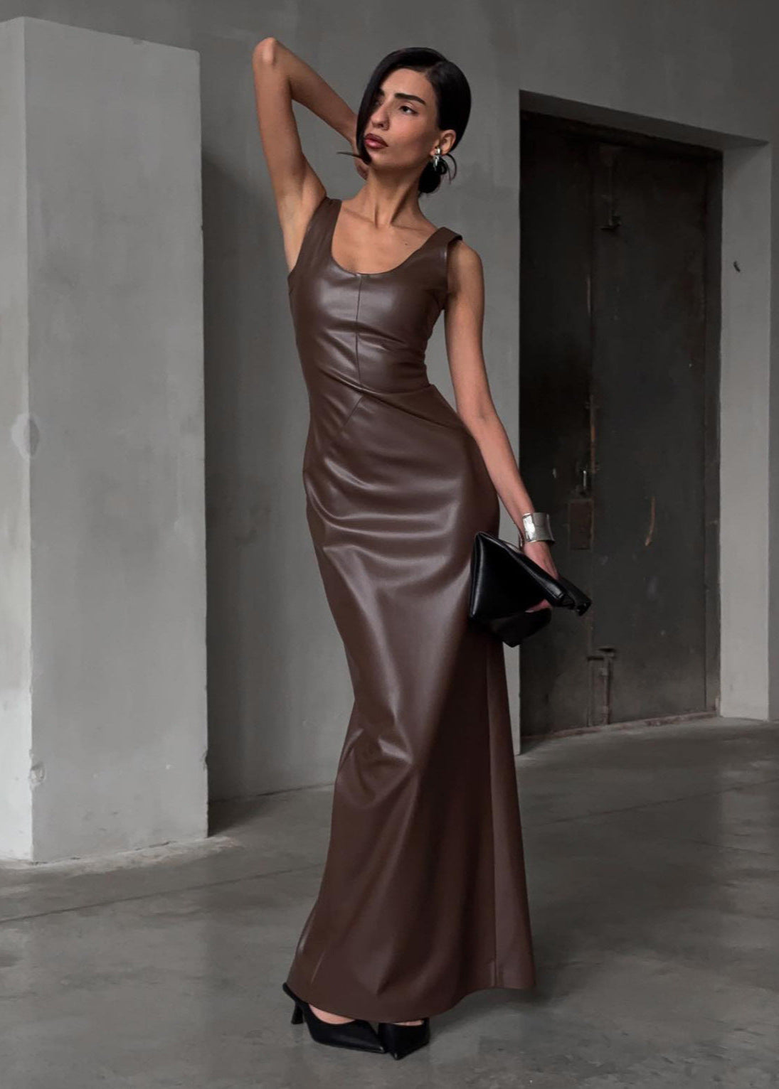 Mocha Faux Leather Maxi Dress